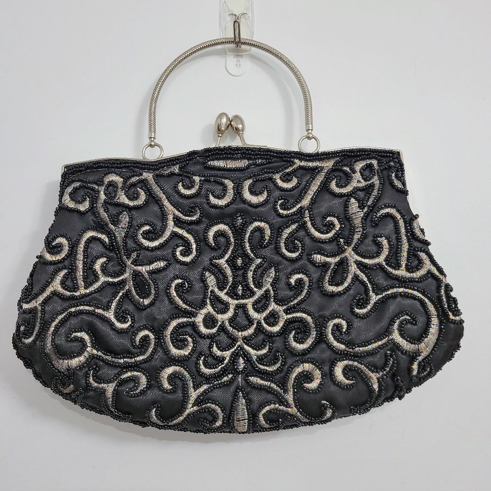 Black Beaded with Shimmery Pastel Ikat Pattern Satin Formal Evening Purse